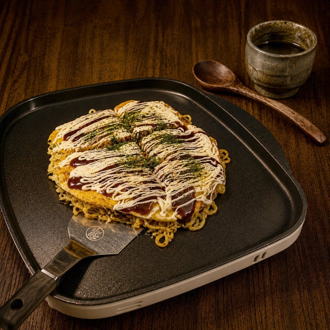Modan-yaki okonomiyaki on crisp soba, laced with sauce and mayo, on a personal teppan