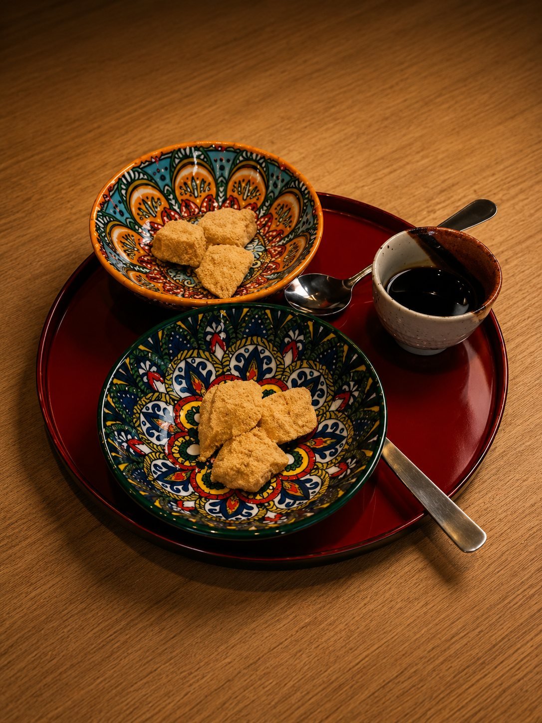 Kinako-dusted warabi mochi in patterned bowls beside black coffee