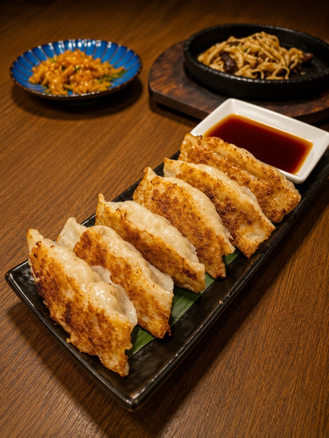 Six pan-fried gyoza on a bamboo leaf with dipping sauce