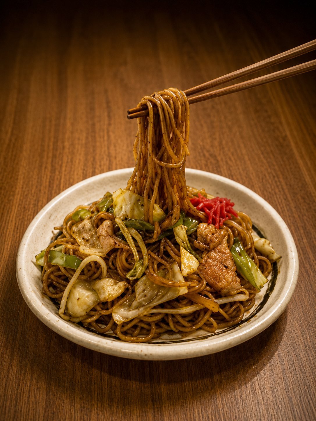 Yakisoba noodles lifted with chopsticks above the plate, topped with pickled ginger