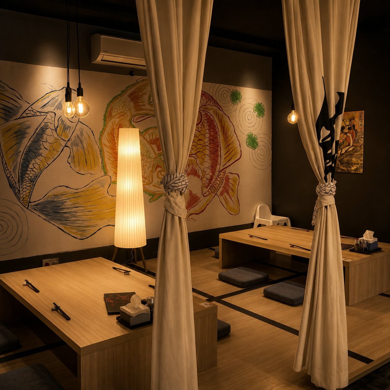 Low zashiki-style tables under a hand-painted koi mural