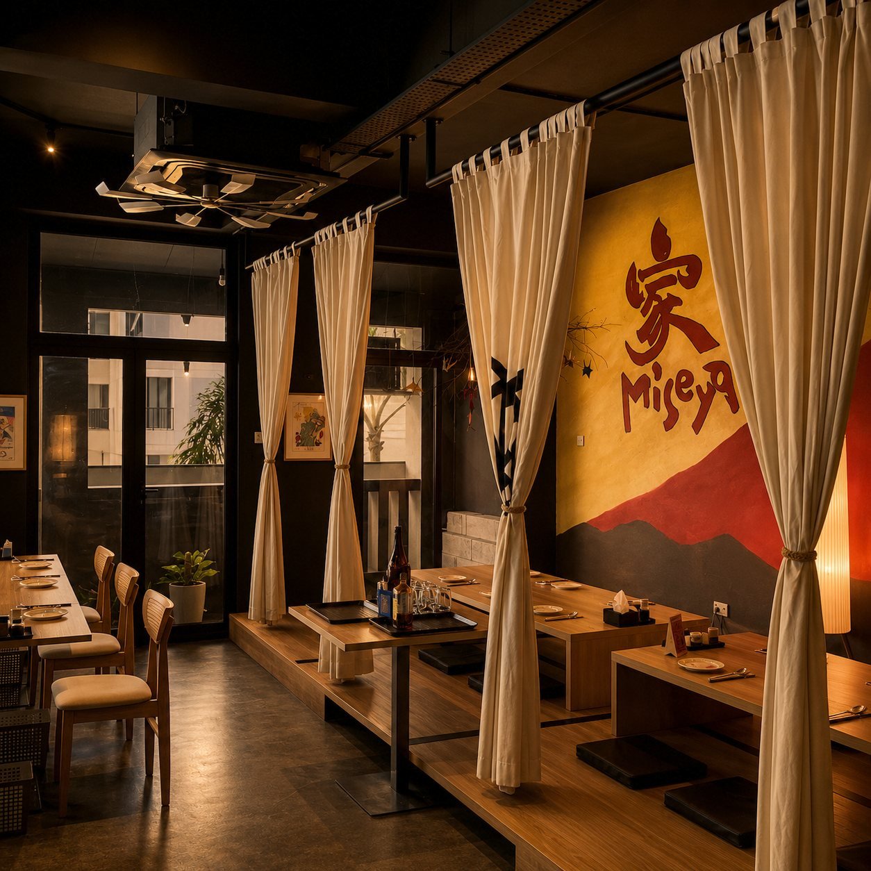 Dining room with a Mount Fuji mural bearing the Miseya mark