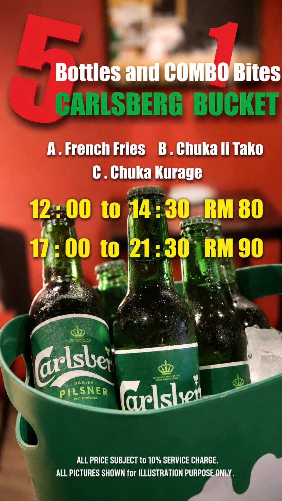Bucket of five Carlsberg bottles on ice